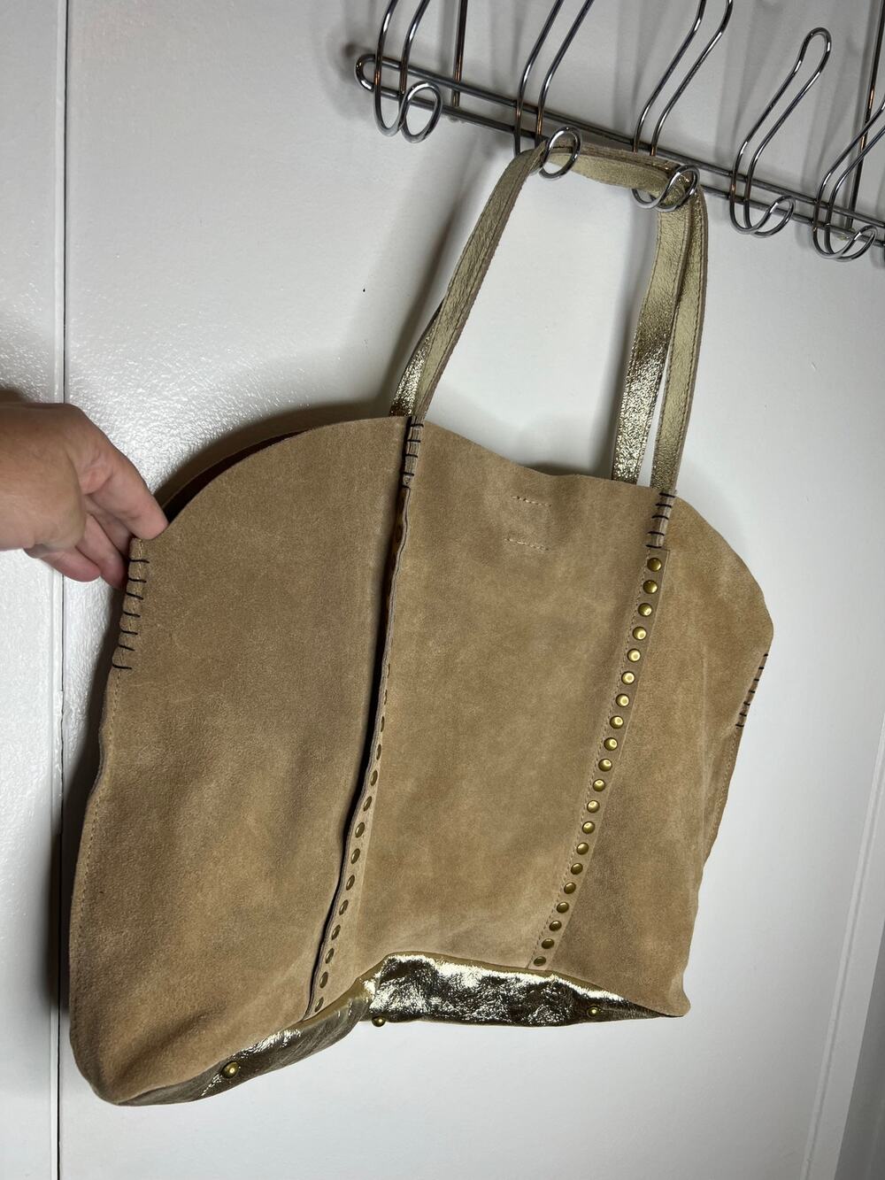 Suede Leather Large Shoulder Bag Studded Gold Metallic Made In Italy NEW